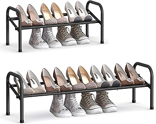 SONGMICS Expandable Shoe Rack, 1 Tier Shoe Rack Shelf, Adjustable Shoe Organizer Storage for 10 Pairs of Shoes, Metal Free Standing Shoe Racks for Closet, Front Door Entryway, Easy Assembly, Ink Black