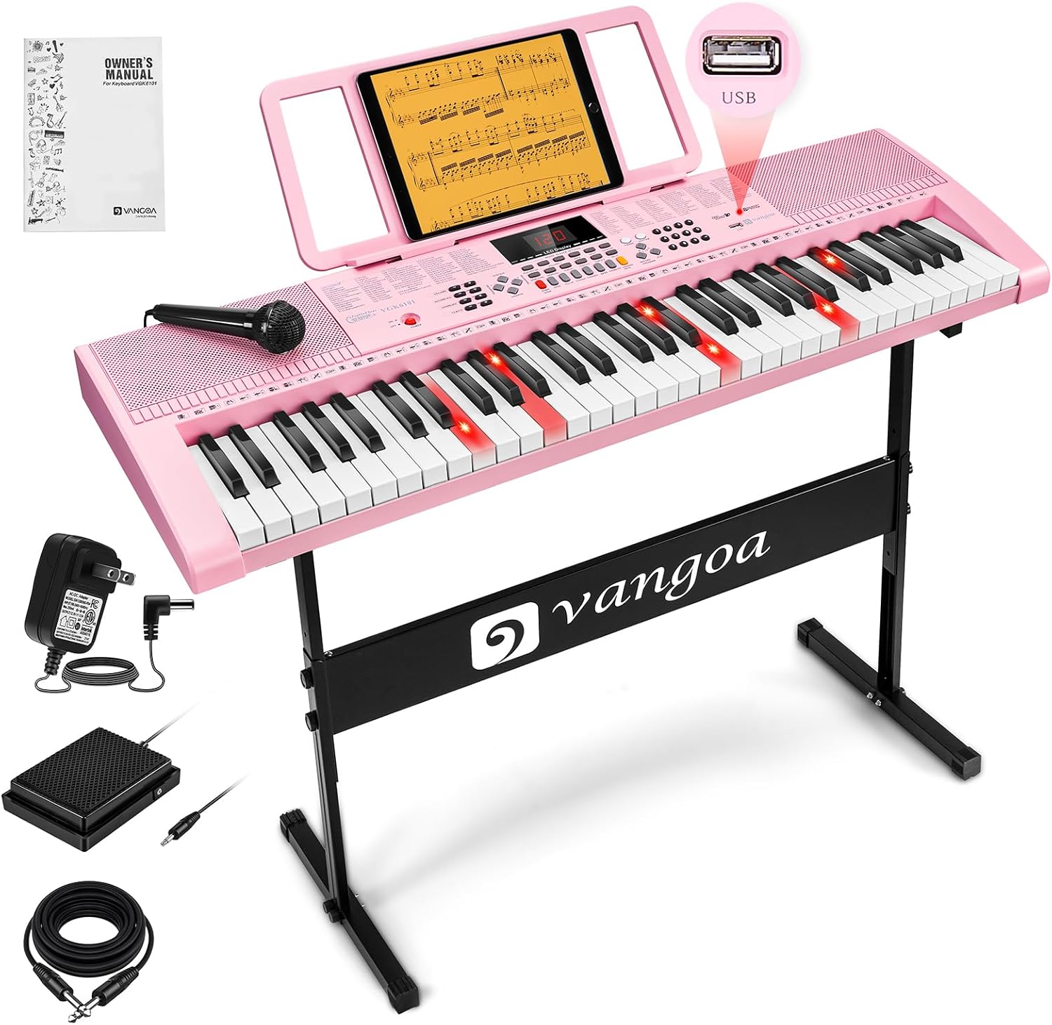 Vangoa Pink Piano Keyboard 61 Key, Electric Keyboard Kit Portable Music Keyboard for Kids Students with Microphone, 600 Tones, 400 Rhythms, 50 Demos, Gift for Beginners