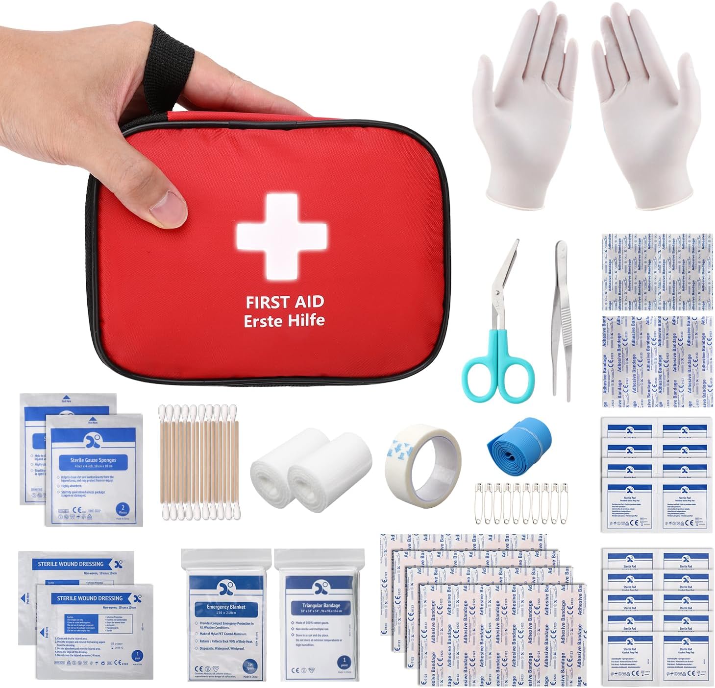 HONYAO First Aid Kit 90 Pcs, Small Travel First-Aid Bag, Mini Compact Survival Kit for Travel Car Home Workplace Kids Camping Hiking Motorbike Holiday, Red