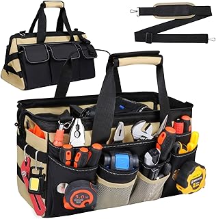 15 Inch Heavy Duty Tool Tote Bag with 24 Pockets, Wide Open Mouth Tool Box Organizer Case with Shoulder Strap, Portable Electrician Tool Kit Storage Carrying Pouch with Lockable Zipper (Khaki)