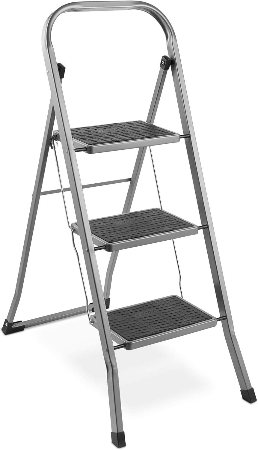 VonHaus 3 Step Ladder – Premium Quality Folding Step Ladder for DIY and Gardening - Anti Slip Feet, Easy to Store Ladder, 150KG Max Capacity - Durable Steel
