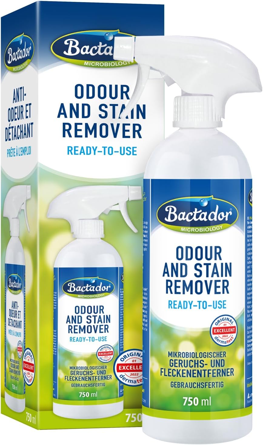 Bactador Odour and Stain Remover Spray 750ml - Biological enzyme cleaner as a ready-to-use solution against sweat, cat urine, dog urine, animal odors - For household, car & animal environment