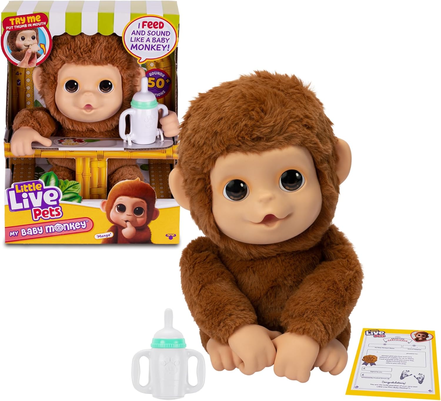 Little Live Pets - Mango Age 4+, the interactive monkey, 50 interactive sounds and mouth movement, loves tickling and makes joyful sounds when you touch the belly! Packed with LP5000000 accessories