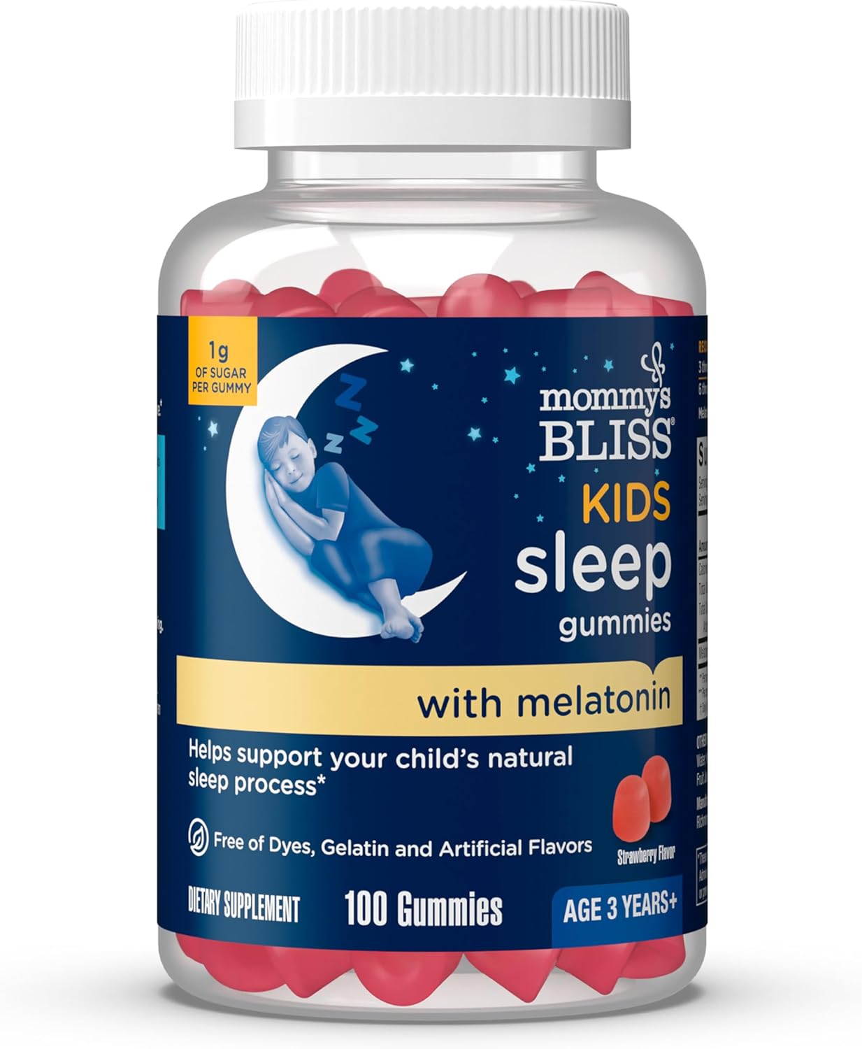 Mommy's Bliss Kids Sleep Melatonin Gummies, No Artificial Colors, Flavors or Gelatin, Strawberry Flavor, Age 3+, 100 Gummies (Packaging May Vary)