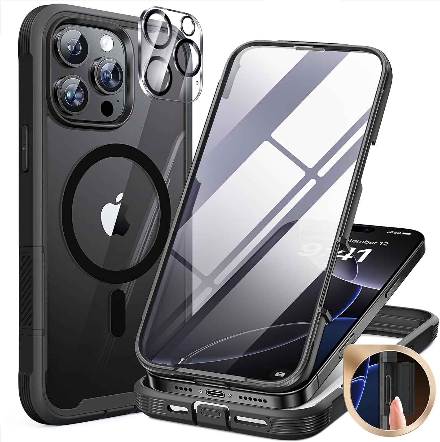 Miracase Magnetic for iPhone 16 Pro Case Full-Body Phone with Built-in Glass Screen Protector, [Compatible with MagSafe] Military Drop Proof 16 Pro Cover Bumper 6.3 inch, Black