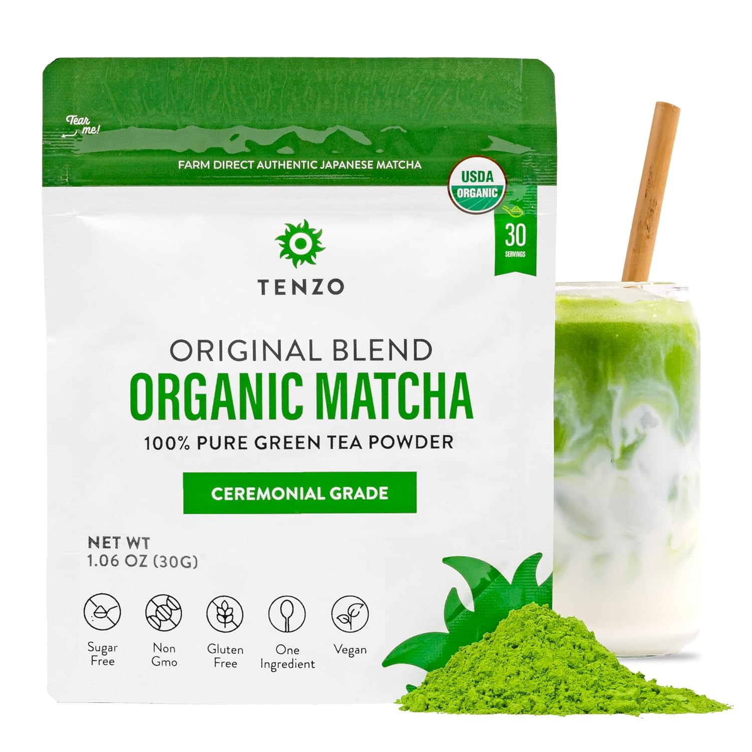 Tenzo Matcha Green Tea - Organic Ceremonial Grade, Paleo, Kosher, Vegan - Authentic Japanese Matcha Tea - Original Matcha Latte (1.06 Oz)