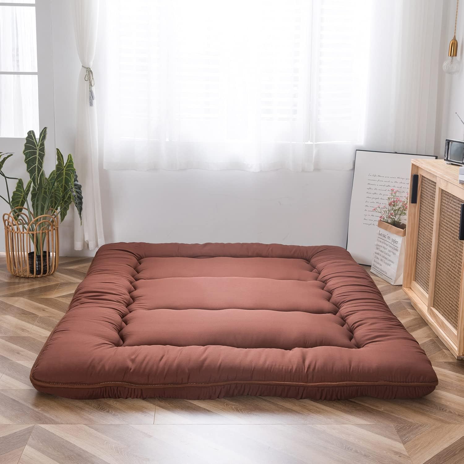 MAXYOYO Futon Mattress, Padded Japanese Floor Mattress Quilted Bed Mattress Topper, Extra Thick Folding Sleeping Pad Breathable Floor Lounger Guest Bed for Camping Couch (Coffee, Single)