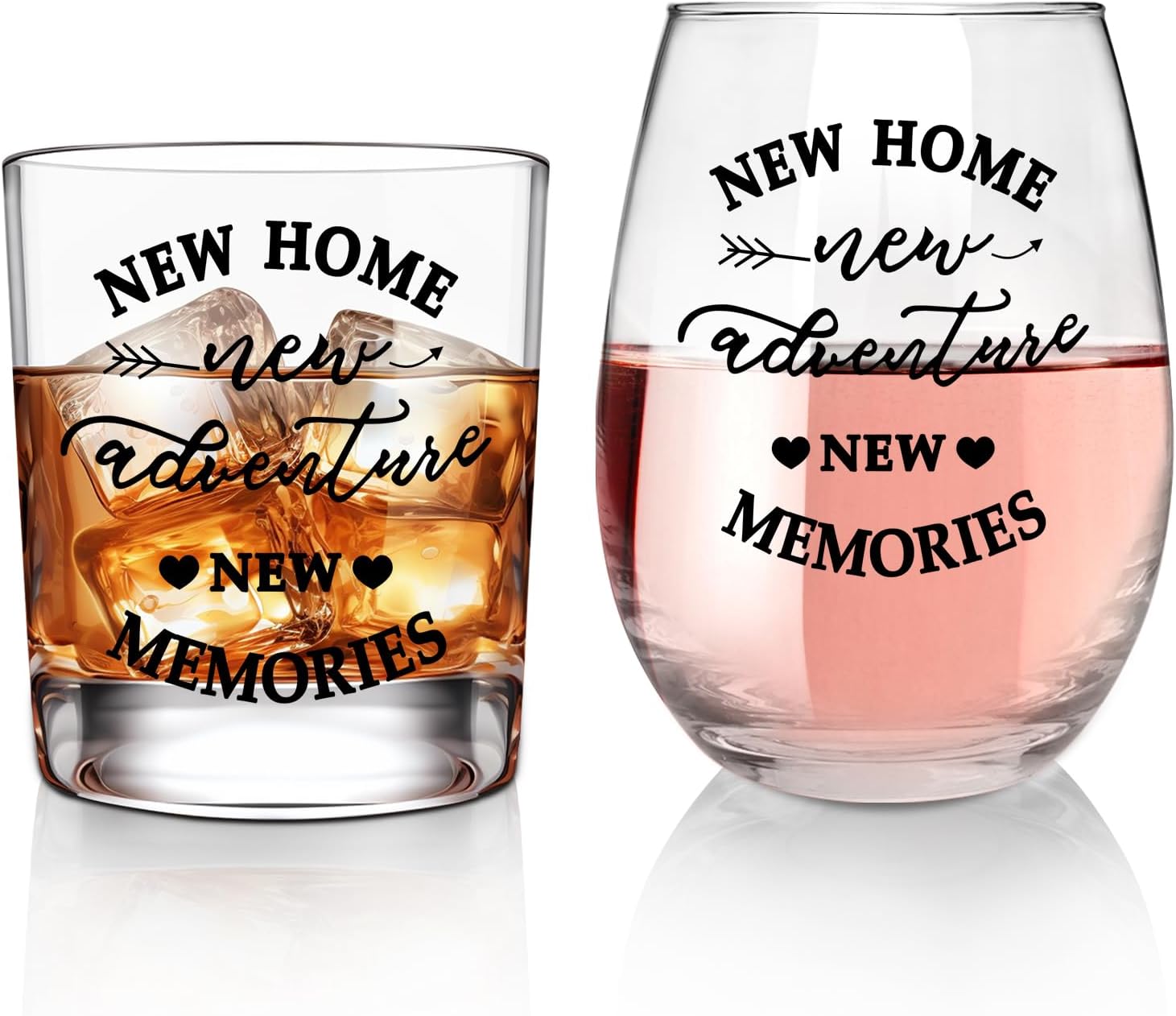 ONEHAUS New Home New Adventures Wine and Whiskey Glass Gift Set - Unique Housewarming Gift for New Homeowners - New Home Gift Ideas for Women and Men