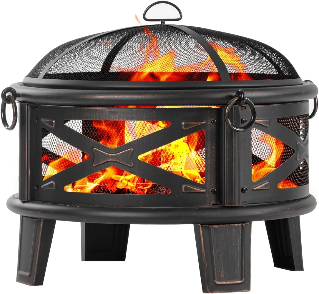 MistMo 26 Inch Fire Pit with Cooking Grill, Outdoor Wood Burning Firepit with Spark Screen, Metal Round fire Pit for Patio Garden Backyard Bonfire Party Camping