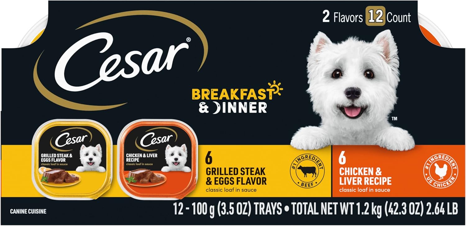Cesar Wet Dog Food Classic Loaf in Sauce Breakfast and Dinner Mealtime Variety Pack, 3.5 oz. Easy Peel Trays (12 Count, Pack of 1)