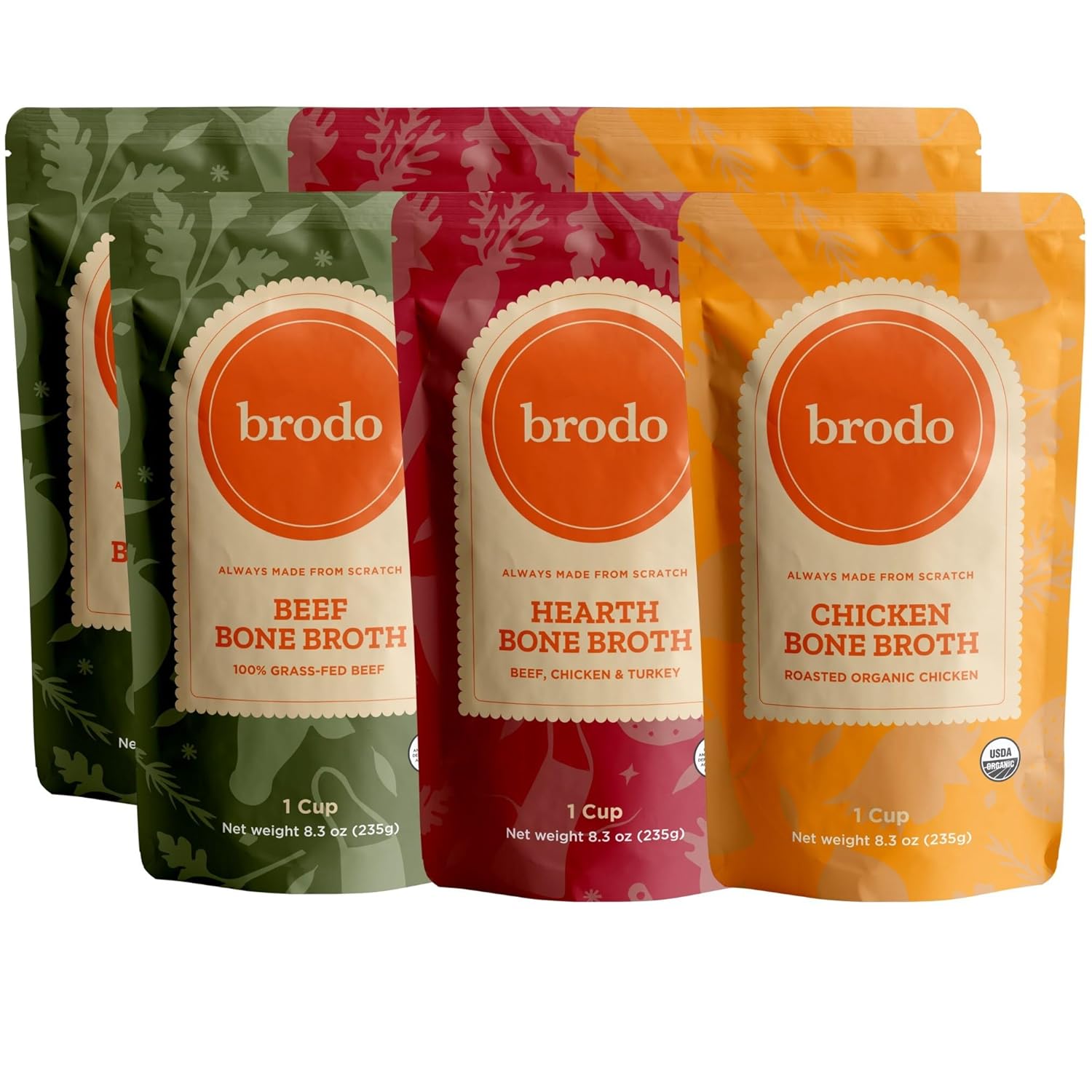 Brodo Classic Variety Pack with Collagen & Protein, Includes Organic Chicken, 100% Grass-Fed Beef, & Hearth Bone Broths for Sipping & Cooking, Nutrient-Dense & Slow-Simmered for Deep Flavor (6x 8.3oz)