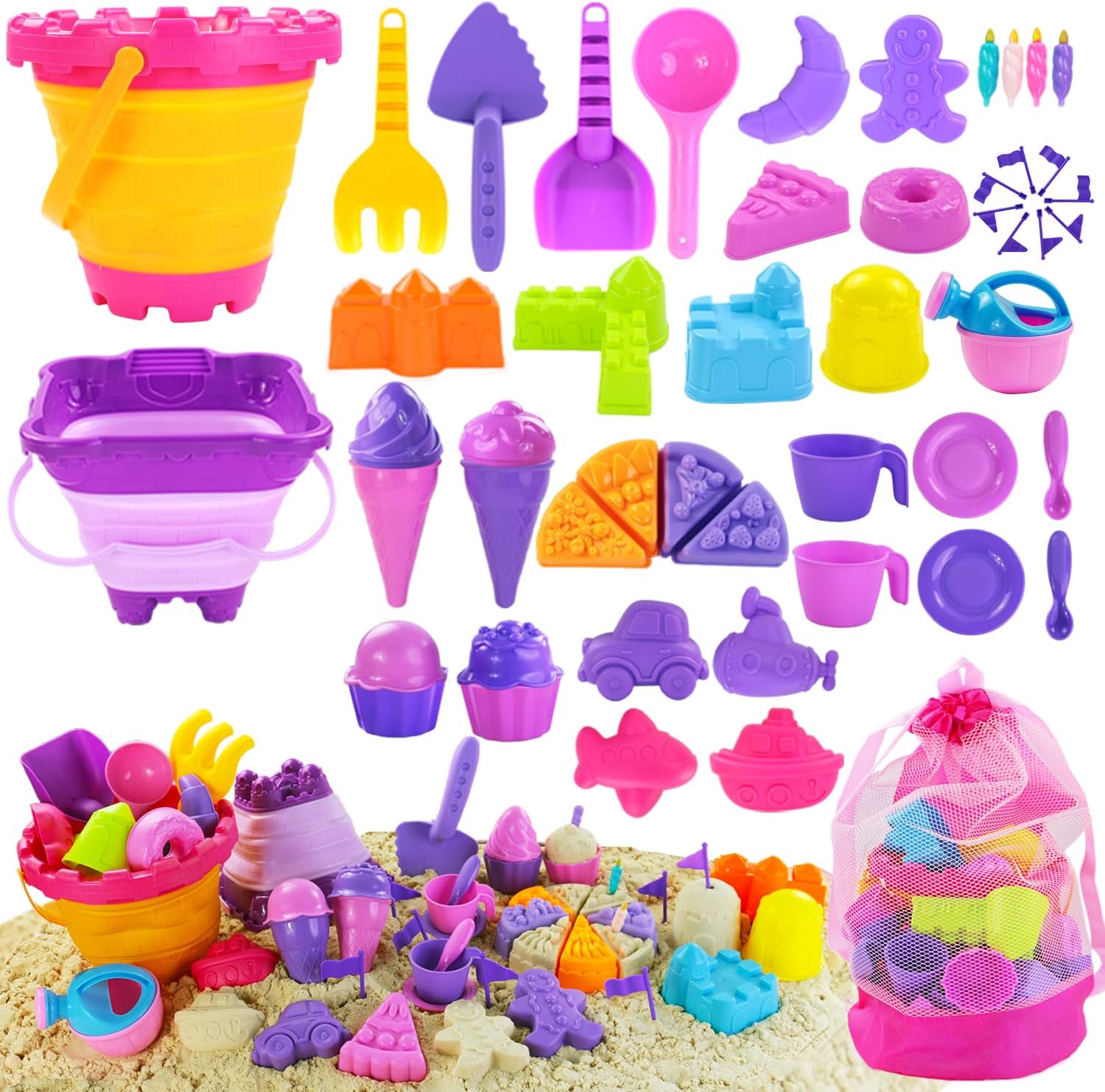 Beach Sand Toys, 50Pcs Sandpit Toys with 2 Collapsible Buckets and Spade, Mesh Backpack Bag, Ice Cream, Cake & Castle Sand Molds, Summer Outdoor Travel Toys for Kids Toddlers Girls