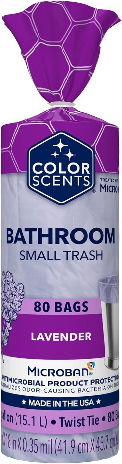 Color Scents Small Trash Bags - 4 Gallon, 80 Bags (1 Pack of 80 Count), Twist Tie - Lavender Bag with Lavender Scent with Microban
