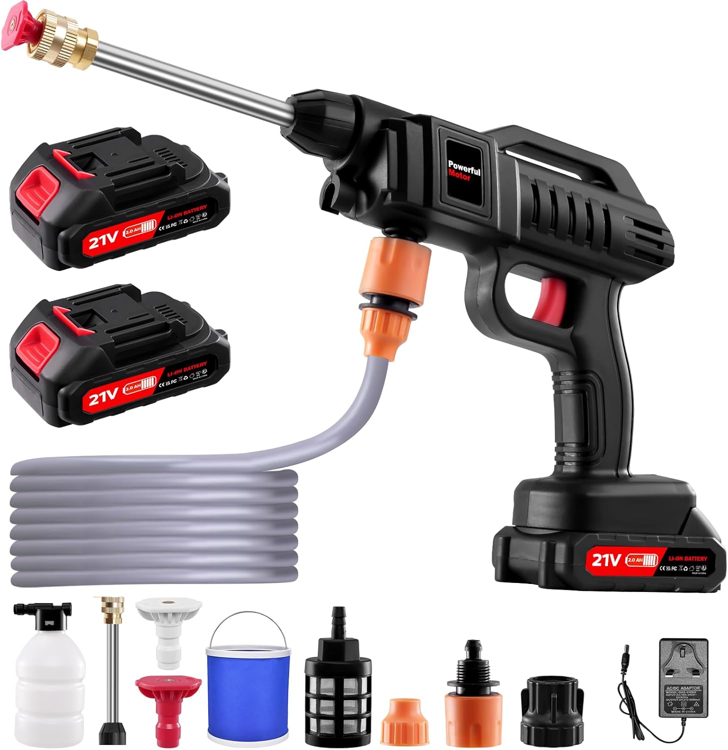 Cordless High Pressure Washer Gun, 21V Handheld Washer Kit 1500W, Battery Jet Wash with Nozzle and 5m/16.5ft tube for Car, Watering Flowers, Cleaning Floors
