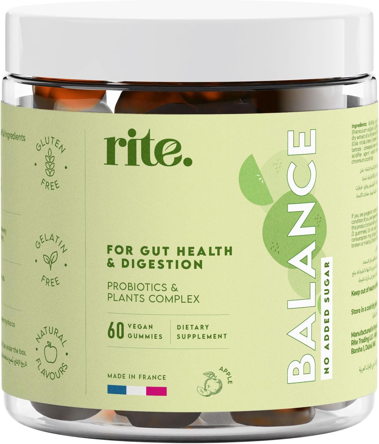 Rite Balance Probiotics Sugar Free Gummies, Gut Health, Digestion, Bloating Relief and Immune Support, Vegan, Apple Flavour (60 Count, 1 Month Supply)