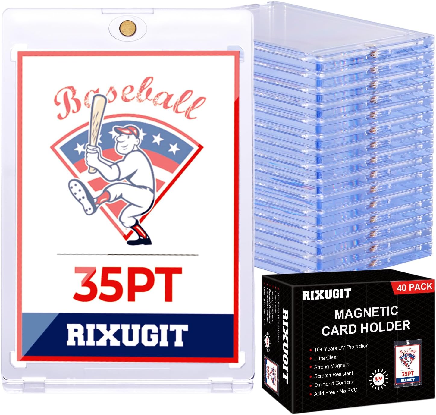 40 Pack Magnetic Card Holders - 35PT One Touch Trading Card Holders, UV Protection Magnetic Card Case, Card Protector for Game, Baseball Sports Cards, Fits Standard Cards Storage and Display