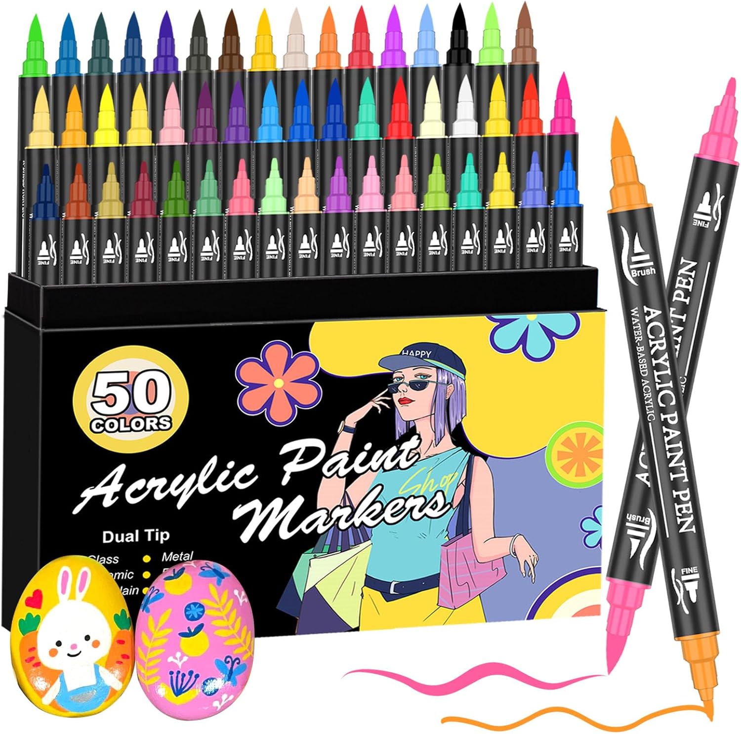 Bonala 50 Colours Dual Tip Acrylic Paint Pens Set Markers with Fine and Brush Tip, Premium Acrylic Pens for Rock Painting, Wood, Plastic, Fabric Painting and DIY Crafts