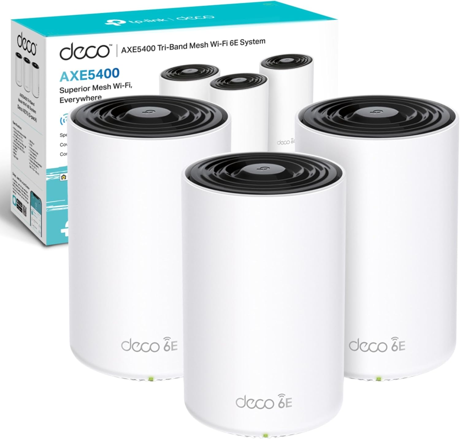 TP-Link Deco XE75(3-pack) AXE5400Mbps Whole Home Mesh WiFi 6E System, Tri-Band WiFi Booster, 3x Gigabit Ports, AI-Driven Mesh, Cover up to 7,200 ft2, Connect up to 200 devices, 1.7 GHz Quad-Core CPU