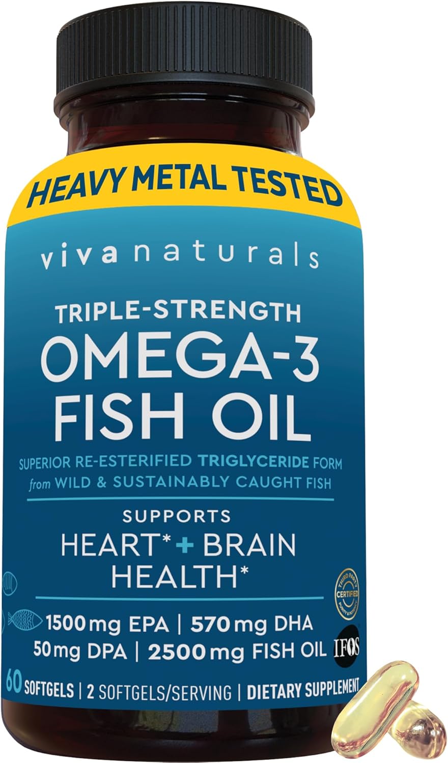 Viva Naturals Omega-3 Fish Oil, Triple Strength, 2500 mg, 60 Softgels – Re-Esterified Omega 3 Fatty Acids Including EPA, DHA, DPA - Pascatarian-Friendly