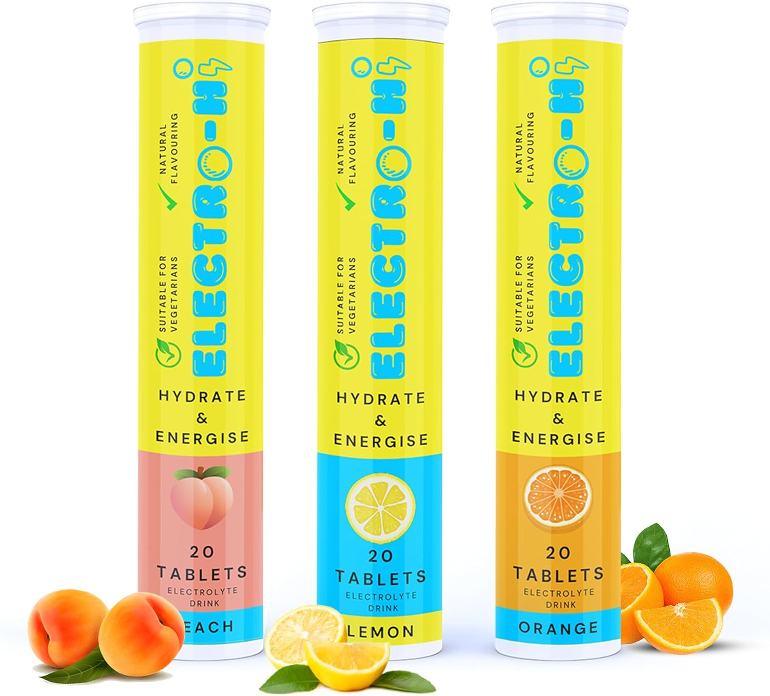 ELECTRO-HI™ Electrolyte Tablets | 20 Servings (Per Tube) | Rapid Hydration & Electrolyte Support | Peach, Lemon & Orange Flavours (3 Tubes, Bundle Mix)
