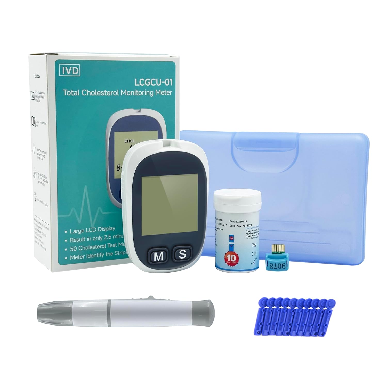 LCGCU-01 Total Cholesterol Testing Kit Meter Quick Results Monitor At Home Blood Test Meter with 10 Total Cholesterol Test Strips Lancets (Total Cholesterol Test Only)
