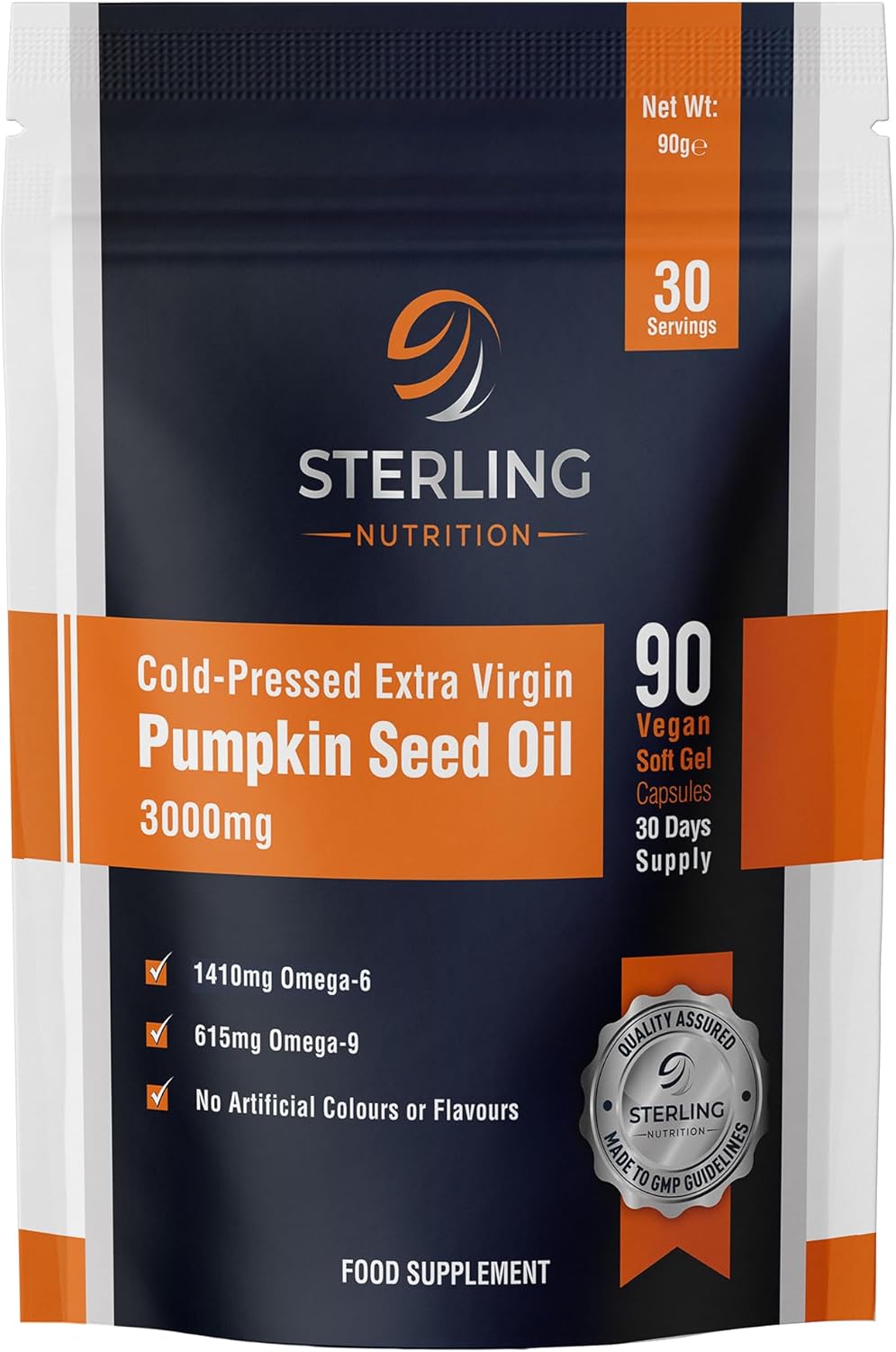 Cold Pressed Extra Virgin Pumpkin Seed Oil Capsules - Vegan Softgels for Adults, 90 Supplements (30 Days) | High Strength 3000mg - Omega 6 & 9 for Prostate, Hair & Heart Support | STERLING NUTRITION