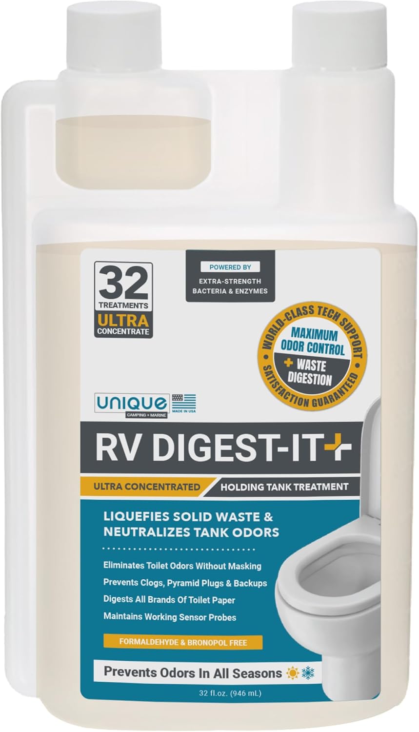 Unique RV Digest-It+ Extra-Strength Ultra-Concentrate - 32 RV Toilet Treatments - Eliminates Smells and Liquifies Waste (32 oz)