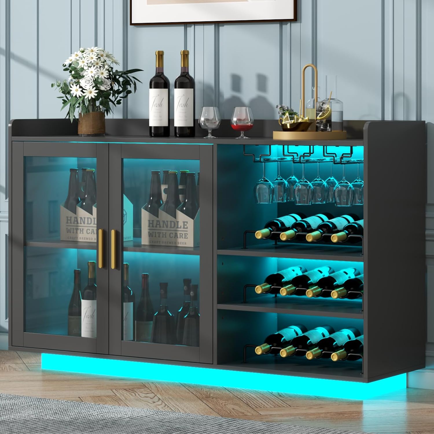 Loomie Wine Bar Cabinet with LED Lights, Floating Coffee Bar with Glass Rack and Removable Wine Racks, Modern Buffet Sideboard with Storage Shelves, Kithchen Bar with Glass Cabinet Doors, Black