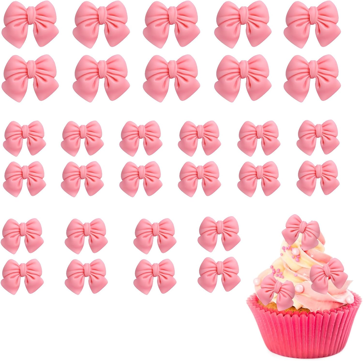 30PCS Pink Bow Cupcake Toppers Non-Edible Reusable Resin Cake Decorations for Birthdays,Weddings,Bridal Engagement Bachelorette Party