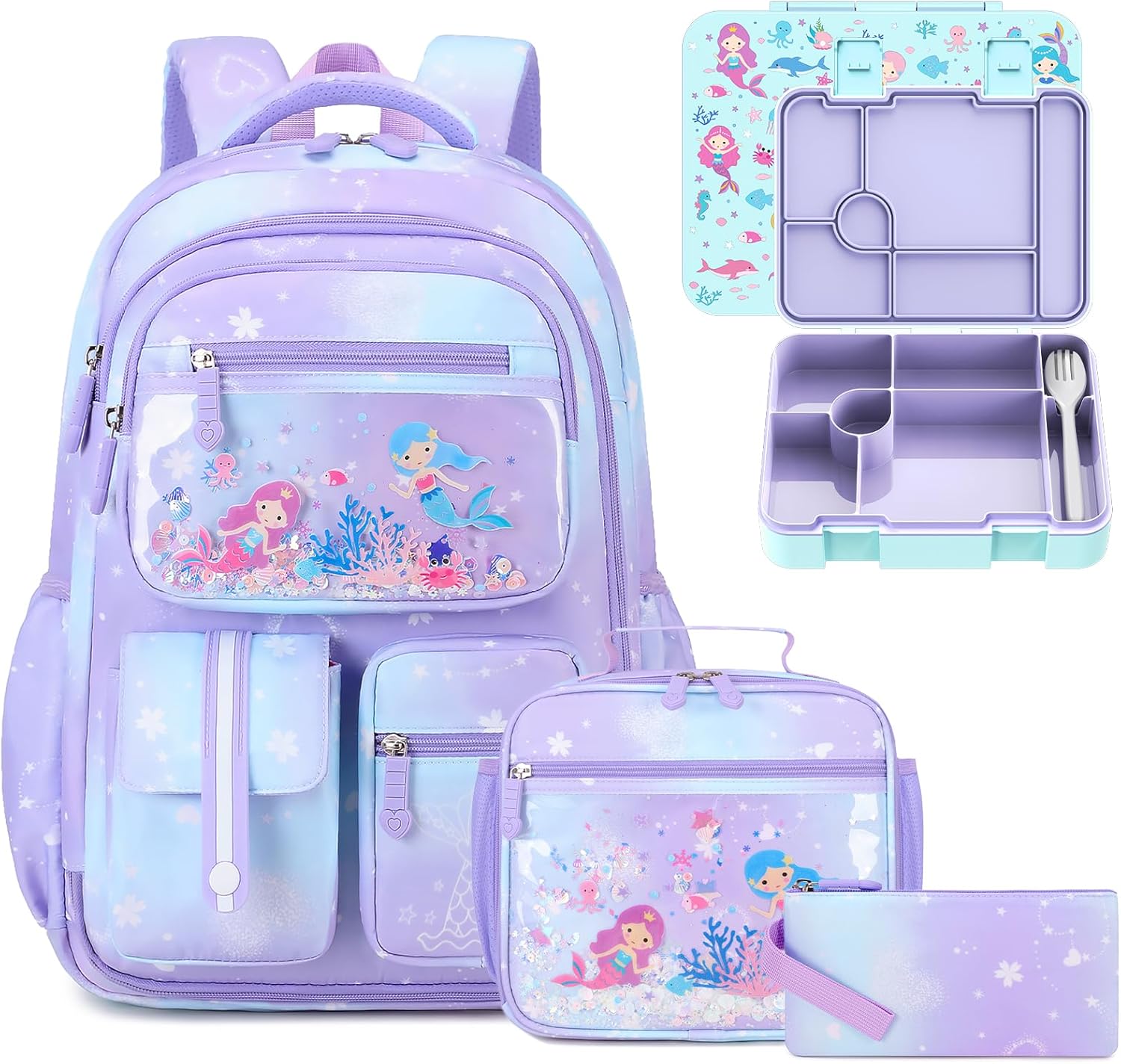 Kids School Backpack for Girls, Mermaids Bookbag Backpack with 43OZ Bento Lunch Box, Lunch Bag for Girls Kids Teens Elementary Middle School Student, Girl Backpacks for Schools (4pcs Bento Box)
