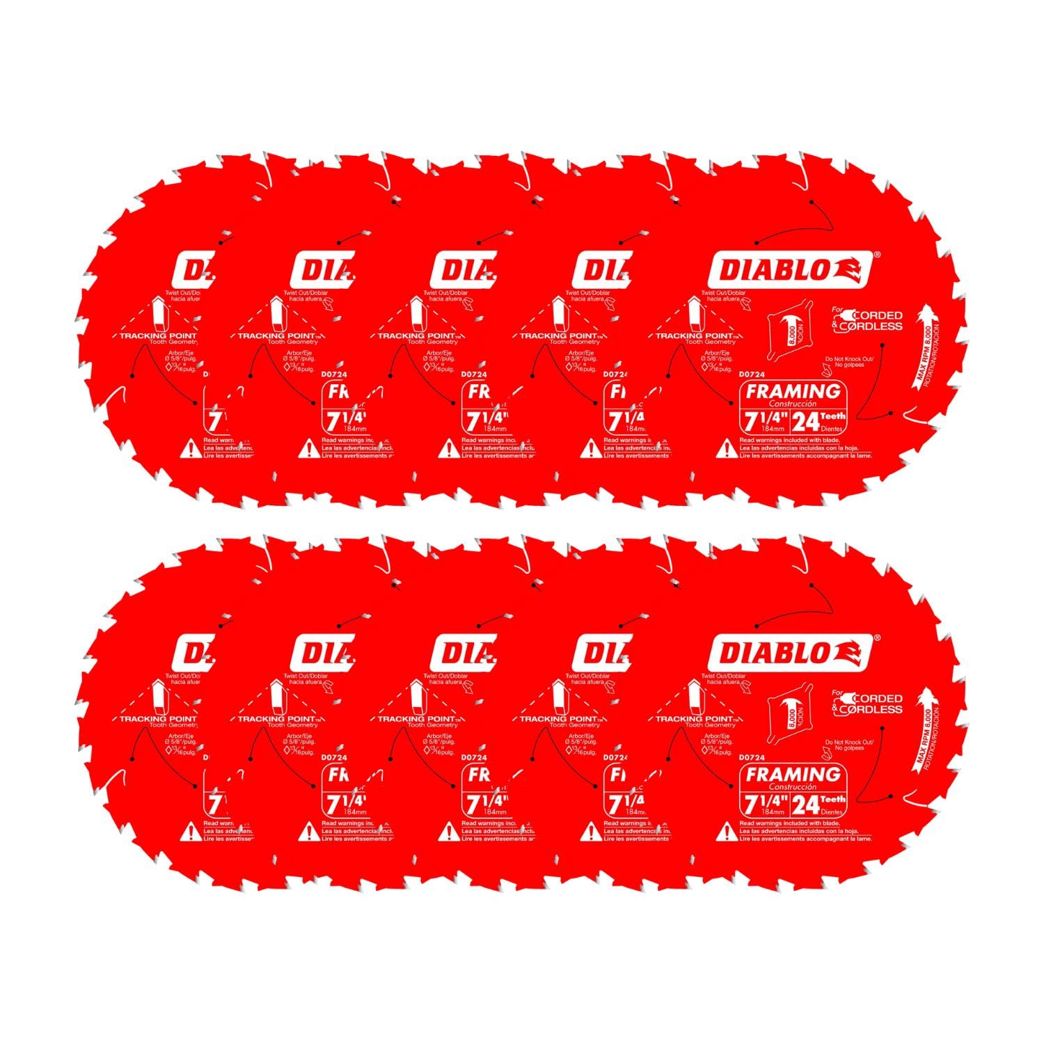 Diablo Framing Saw Blade for Wood - 7-1/4" x 24-Tooth, Thin Kerf, Anti-Vibration, Long Life for Framing & Pressure-Treated Wood, Tracking Point Tooth Design - Pack of 10 - D0724A