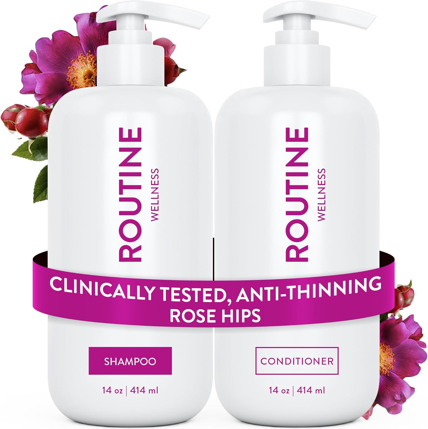 Routine Wellness Anti-Thinning Shampoo and Conditioner Set for Thinning Hair - Biotin DHT Blocker Women & Men - Color Safe Shampoo for Hair Loss & Healthier Growth - Rose Hips (Pack of 2)