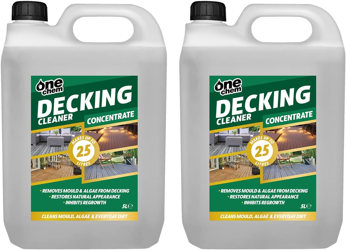 One Chem Decking Cleaner 2 x 5 Litre Concentrate, Cleans Mould, Algae and Dirt, Inhibits Regrowth, Makes up to 25 Litres