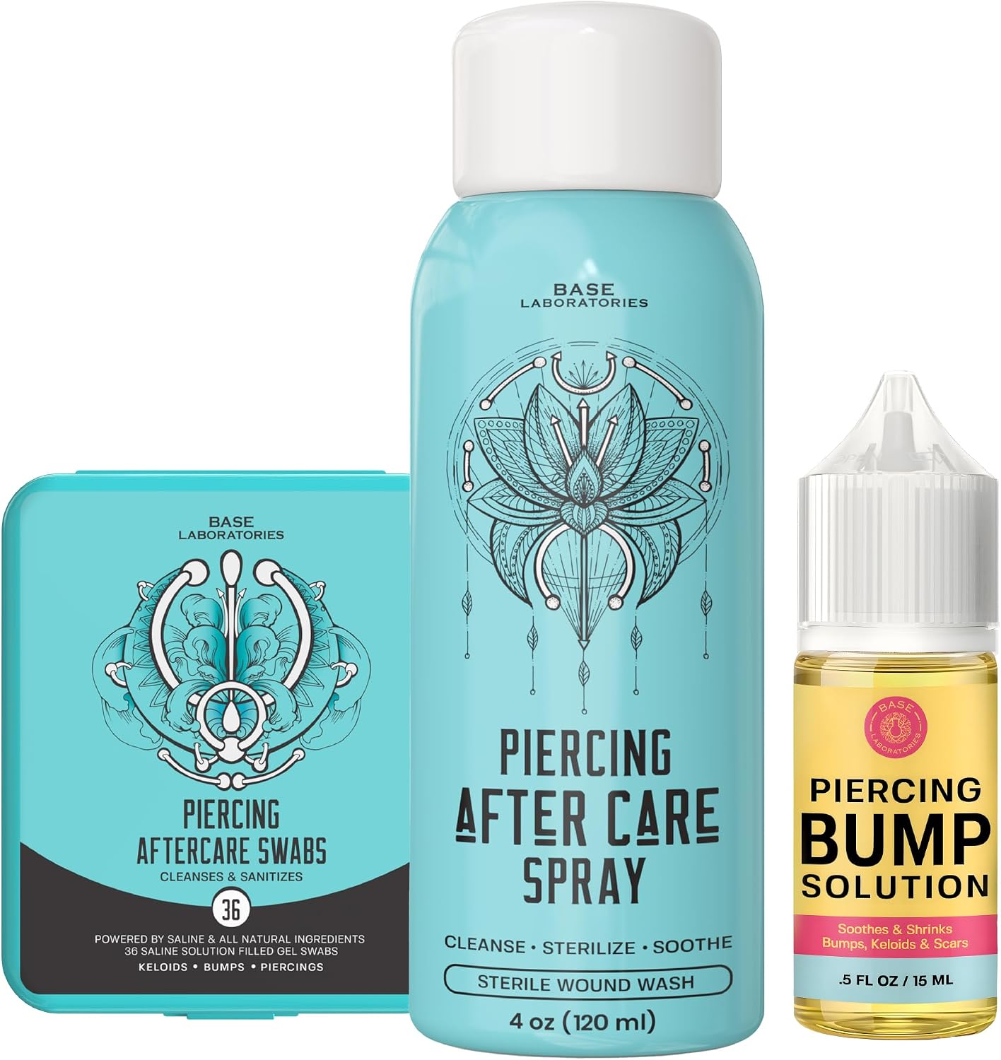 BASE LABORATORIES Ultimate Healing Piercing Aftercare Kit | Piercing Aftercare Spray + Keloid Piercing Bump Treatment Oil + Piercing Cleaner Swabs | Keloid Bump Removal - Saline Solution for Piercings