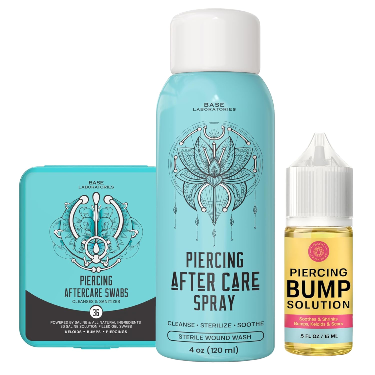 BASE LABORATORIES Ultimate Healing Piercing Aftercare Kit | Piercing Aftercare Spray + Keloid Piercing Bump Treatment Oil + Piercing Cleaner Swabs | Keloid Bump Removal - Saline Solution for Piercings