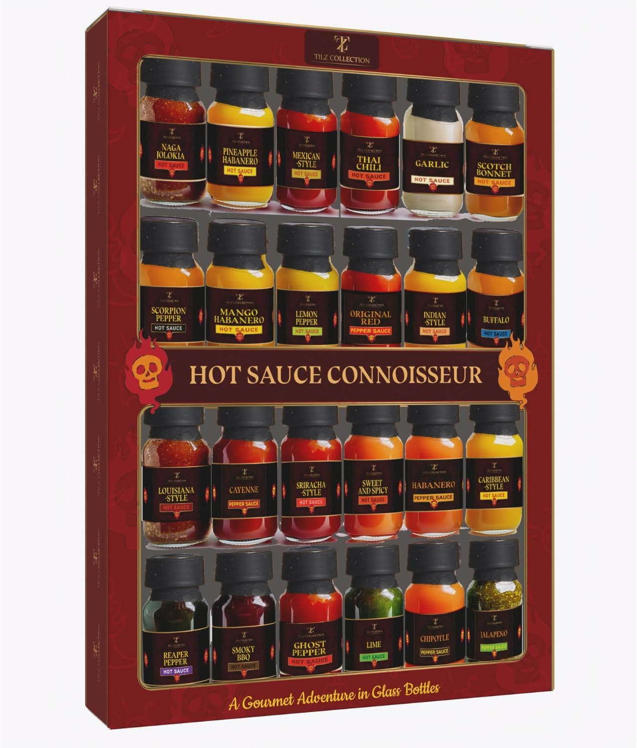 Tilz, Hot Sauce Gift Set |24pk Hot Sauce Challenge, Chilli Sauce Gift Set |Hot Sauce Collection, Food Gifts For Men|Women -Cayenne, ⁠sriracha, ⁠scotch Bonne, ⁠BBQ, Chipotle Hot Sauce Gift Sets
