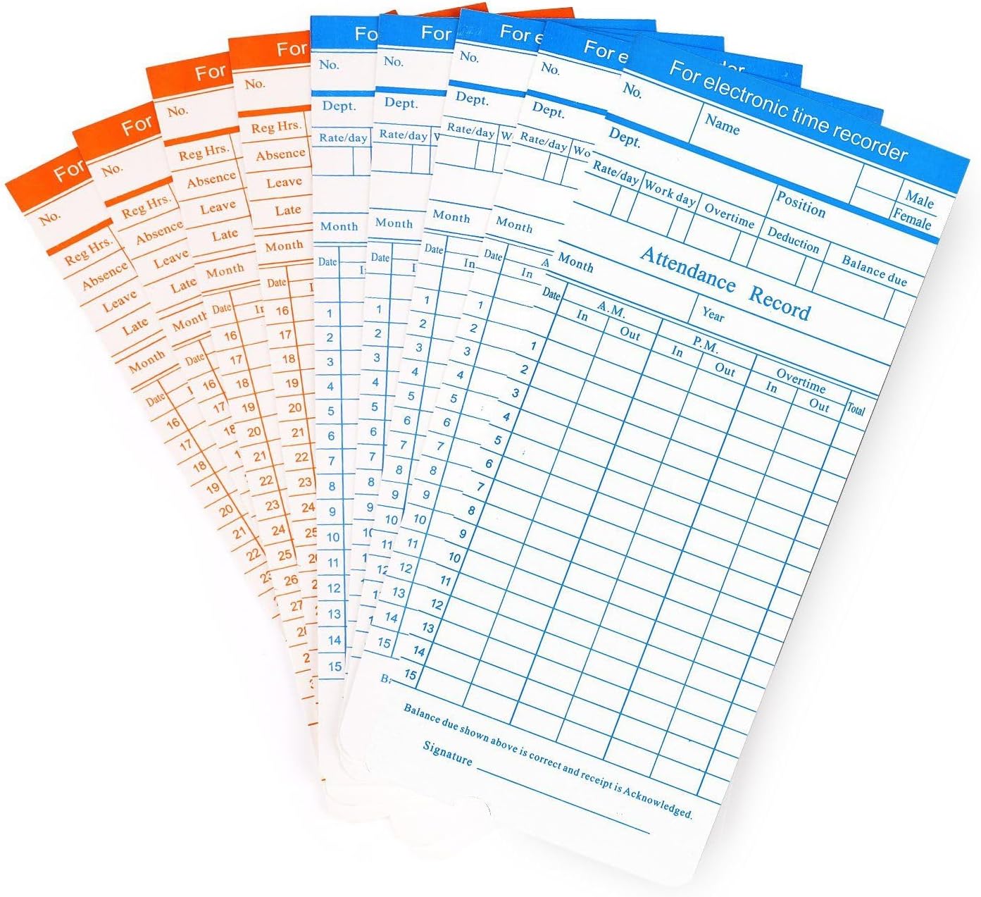 Flexzion Monthly Time Cards for Employees - Dual-Sided, Orange/Blue Attendance Tracker, 270-Piece Time Sheets Compatible with 6-Column Time Clock Recorders for Businesses