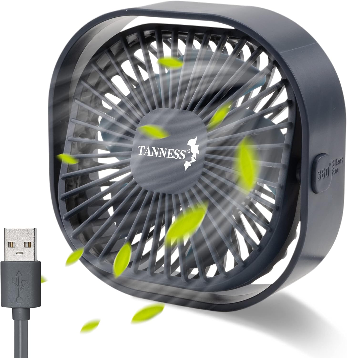 TANNESS Desk Fan, USB, 360° Rotation | Small, Portable Quiet, 3 Speed Fans & Strong Airflow, Standing Cooling Quiet Bedroom, Navy