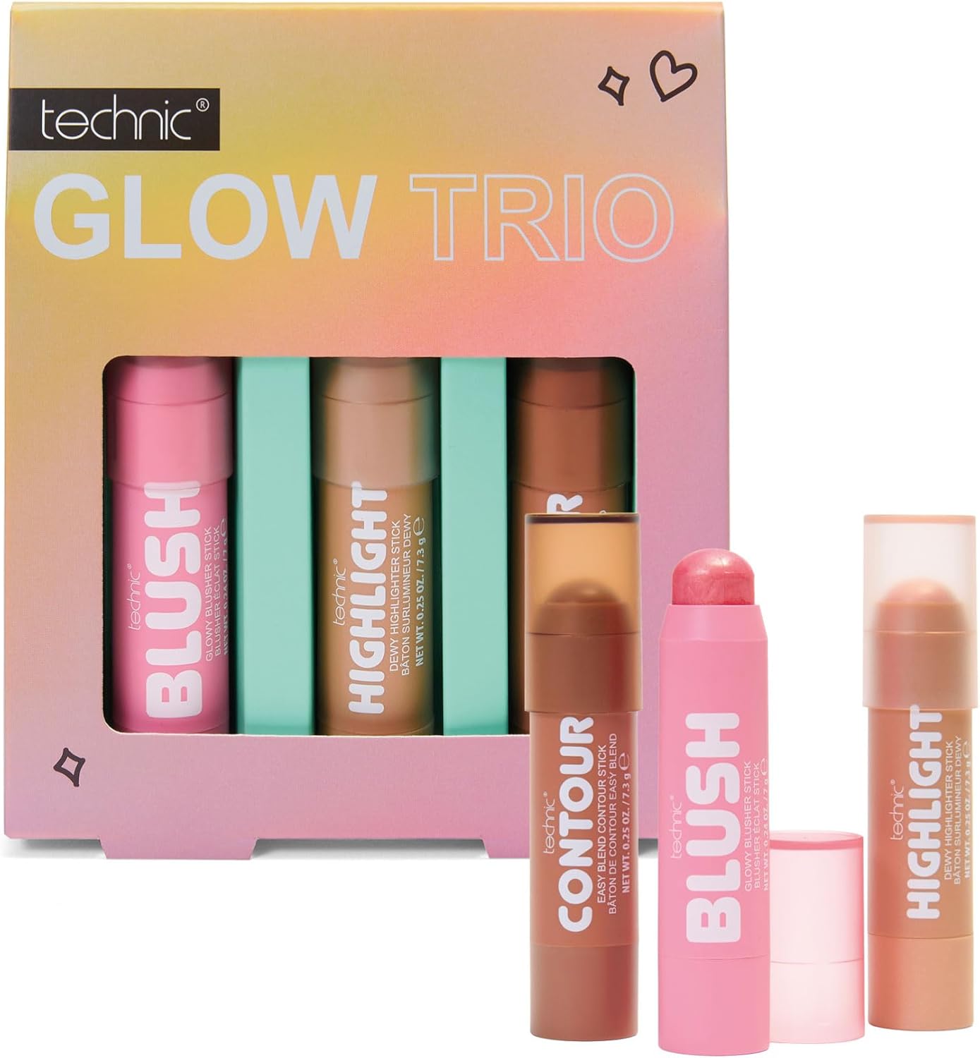 Technic Glow Trio Stick Set – Easy-to-Apply Cream Blusher, Highlighter & Contour for a Sculpted, Radiant Glow - Makeup Gift