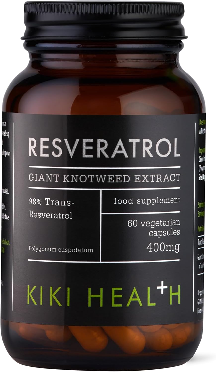 KIKI Health - Resveratrol, Antioxidant - Dried Giant Knotweed Extract - Contains 98% Trans-resveratrol - for Cardiovascular Health, Youthful Ageing and Vitality - 60 Vegicaps