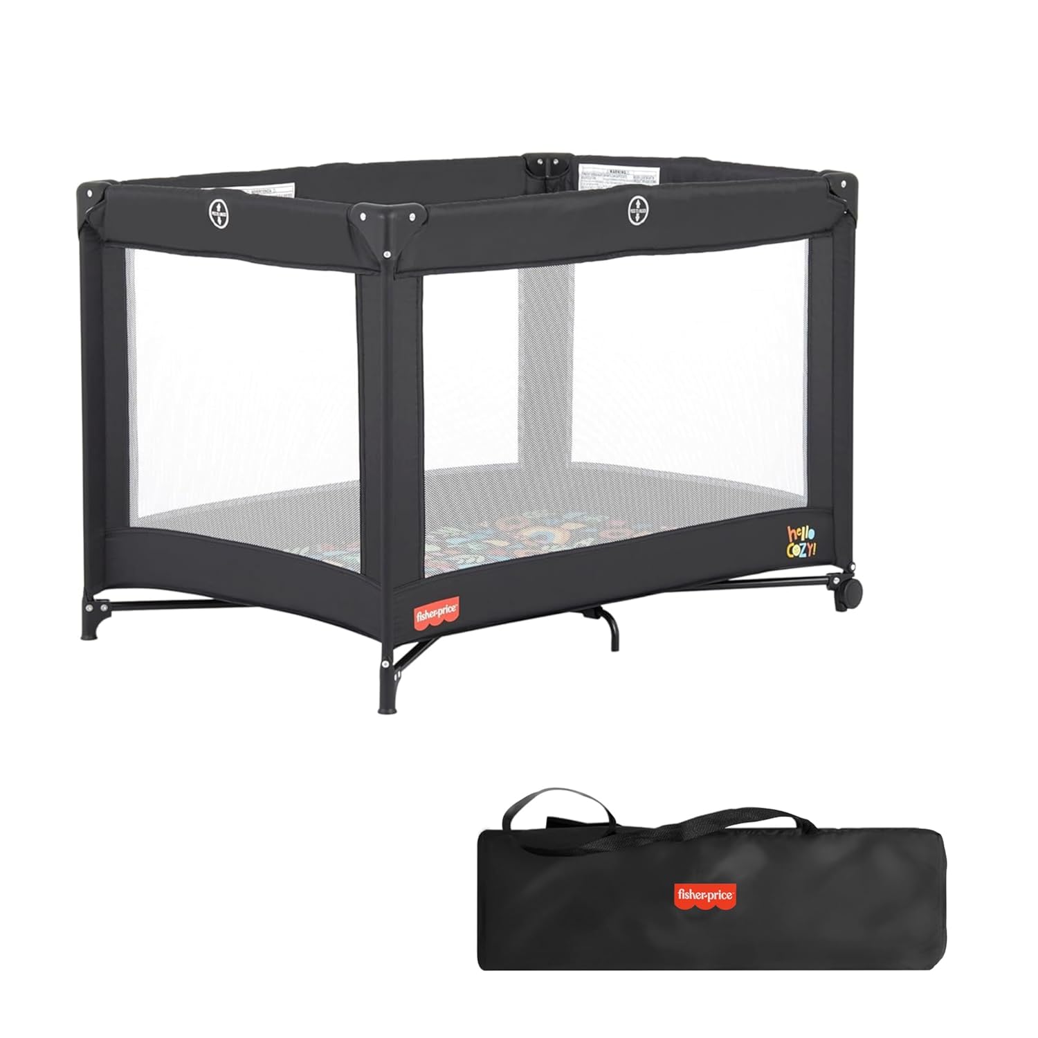 Fisher-Price Portable Baby Playard – Foldable Travel Crib with Breathable mesh, Soft Foam pad, Carry Bag & Wheels. Safe ASTM-Certified playpen for Infants & Toddlers up to 36 Months