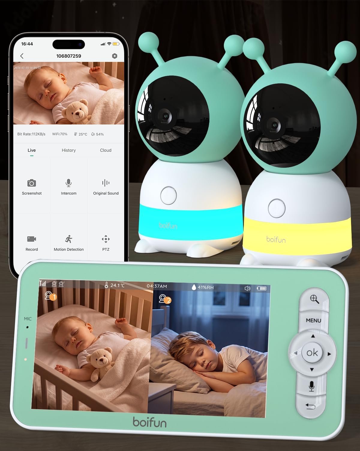 BOIFUN 2K WiFi Baby Monitor with Phone App, 5" Screen,Night Light,2 Cameras