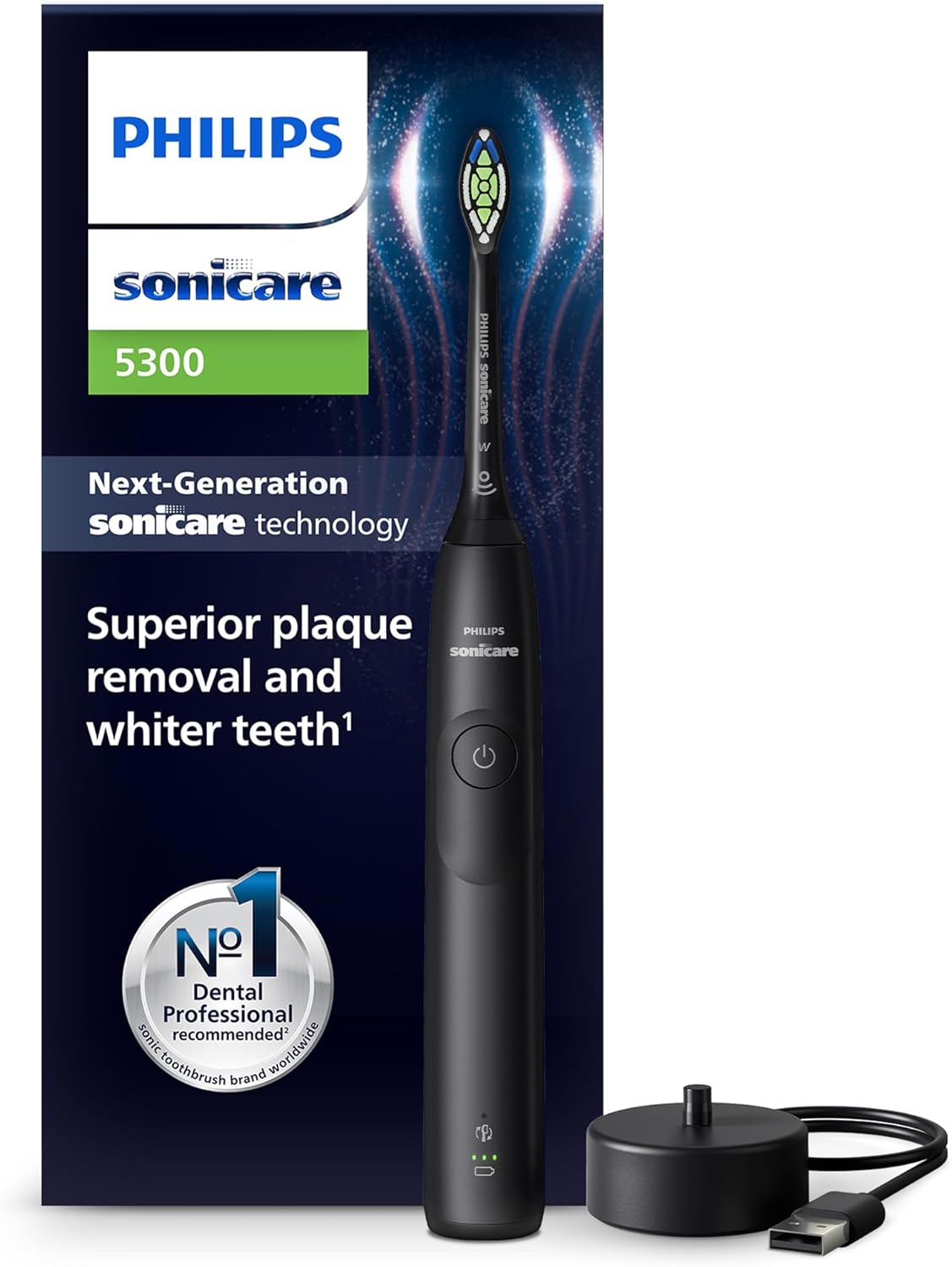 Philips Sonicare 5300 Electric Toothbrush, Sonic Toothbrush with 2 Intensity Levels, Pressure Alert, EasyStart, SmarTimer and BrushPacer, Black, Model HX7101/01 [New Technology]