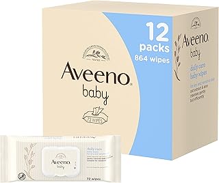 AVEENO Baby Daily Care Wipes - Cleanse Gently and Efficiently - Baby Wipes - Baby Essentials - 72 Wipes, Lid On Each Pack, Pack of 12 (864 Wipes in Total)