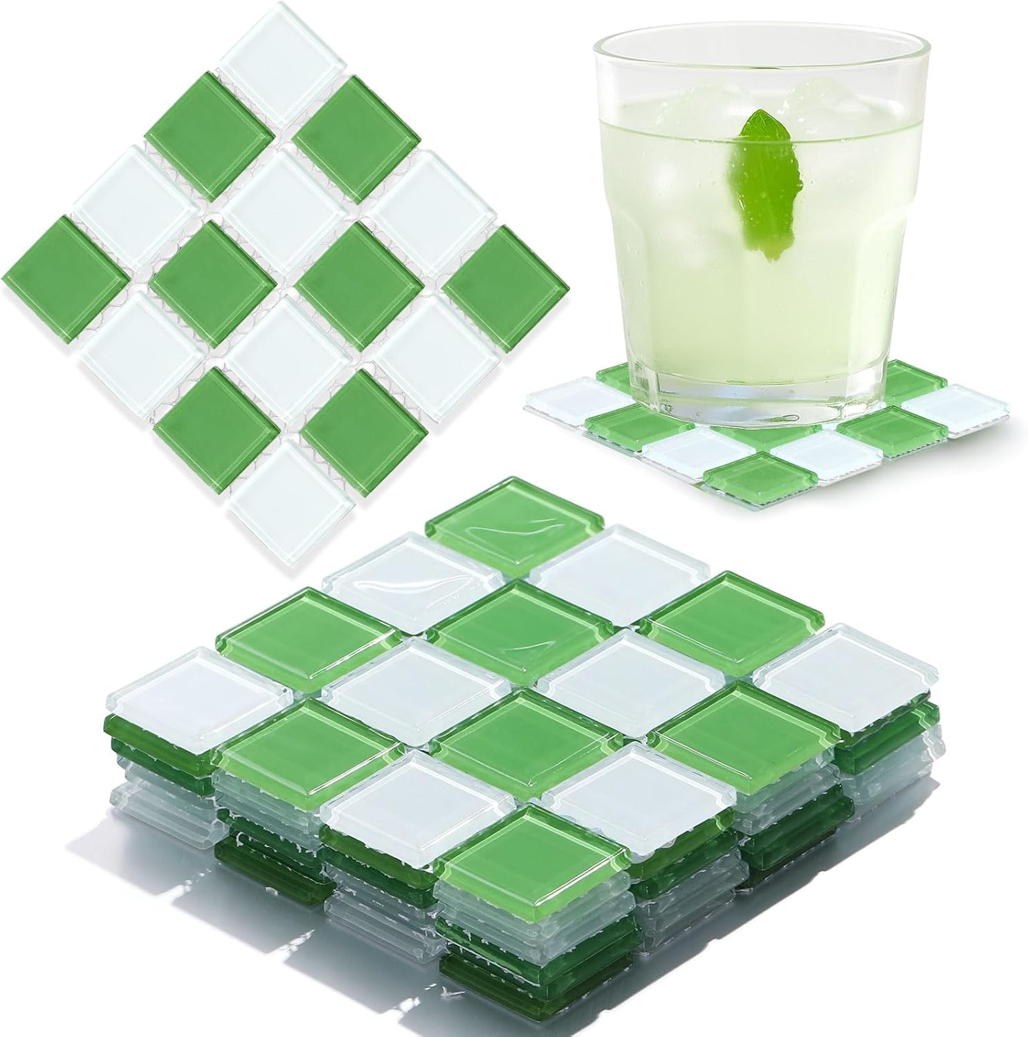 Queekay Green and White Checkered Coaster Set of 6 for Drink 4" Square Glass Drinks Tiled Coaster Plaid Table Mat for Coffee Table Bar Home Decoration Christmas Decorative Plate Idea
