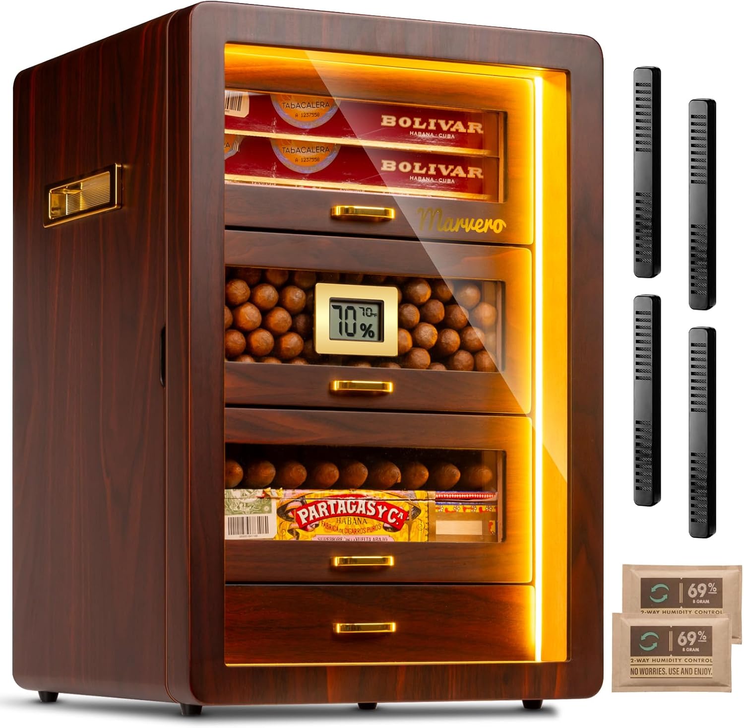 Cigar Humidor, Desktop Cigar Humidor Cabinet Triple-Sided Light with Digital Hygrometer, Humidifier and Humidity Packs. 4 Ceder Wood Drawers, Cigar Humidor Box can hold 200 Cigars. Present for Men