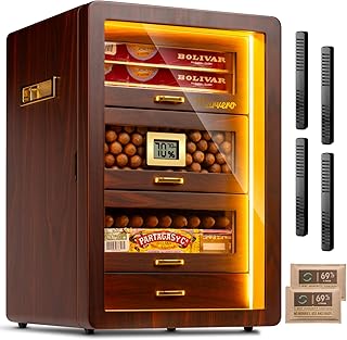 Cigar Humidor, Desktop Cigar Humidor Cabinet Triple-Sided Light with Digital Hygrometer, Humidifier and Humidity Packs. 4 Ceder Wood Drawers, Cigar Humidor Box can hold 200 Cigars. Present for Men