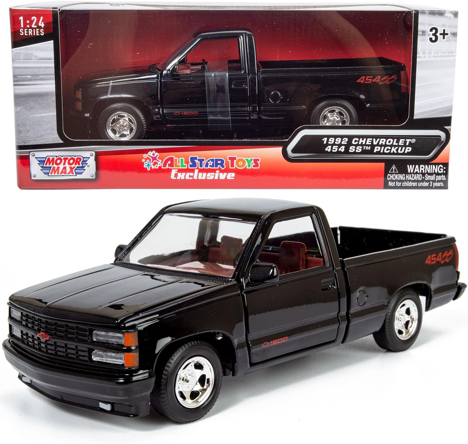 All Star Toys 1992 Chevy 454SS Pickup Truck 1/24 Scale Diecast Model Car Black with Red Interior Motormax 73203 Exclusive Edition