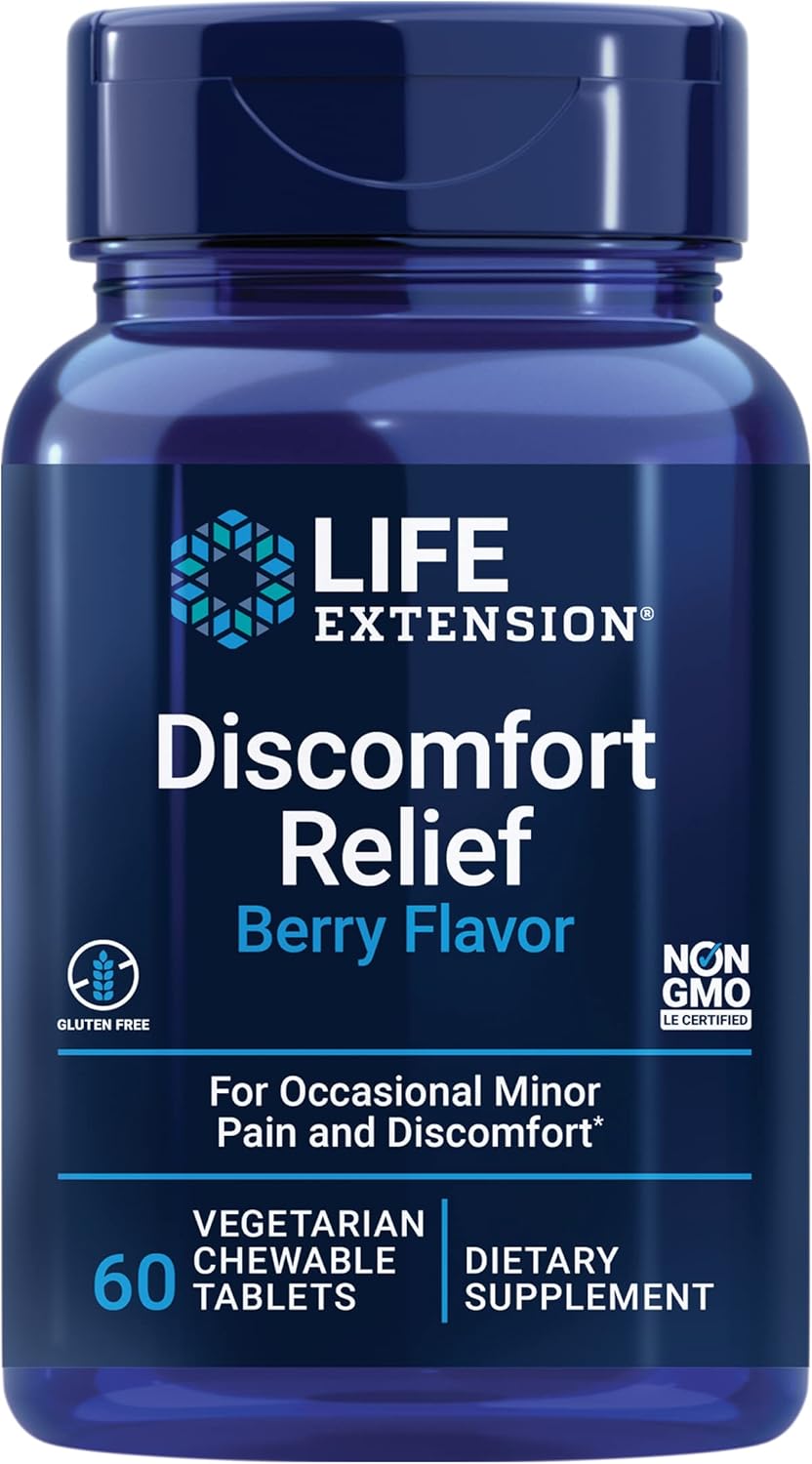 Life Extension Pea Discomfort Relief (Berry Flavor) for Occasional Minor Pain & Discomfort – Palmitoylethanolamide Supplement - Gluten-Free, Non-GMO, Vegetarian – 60 Chewable Tablets