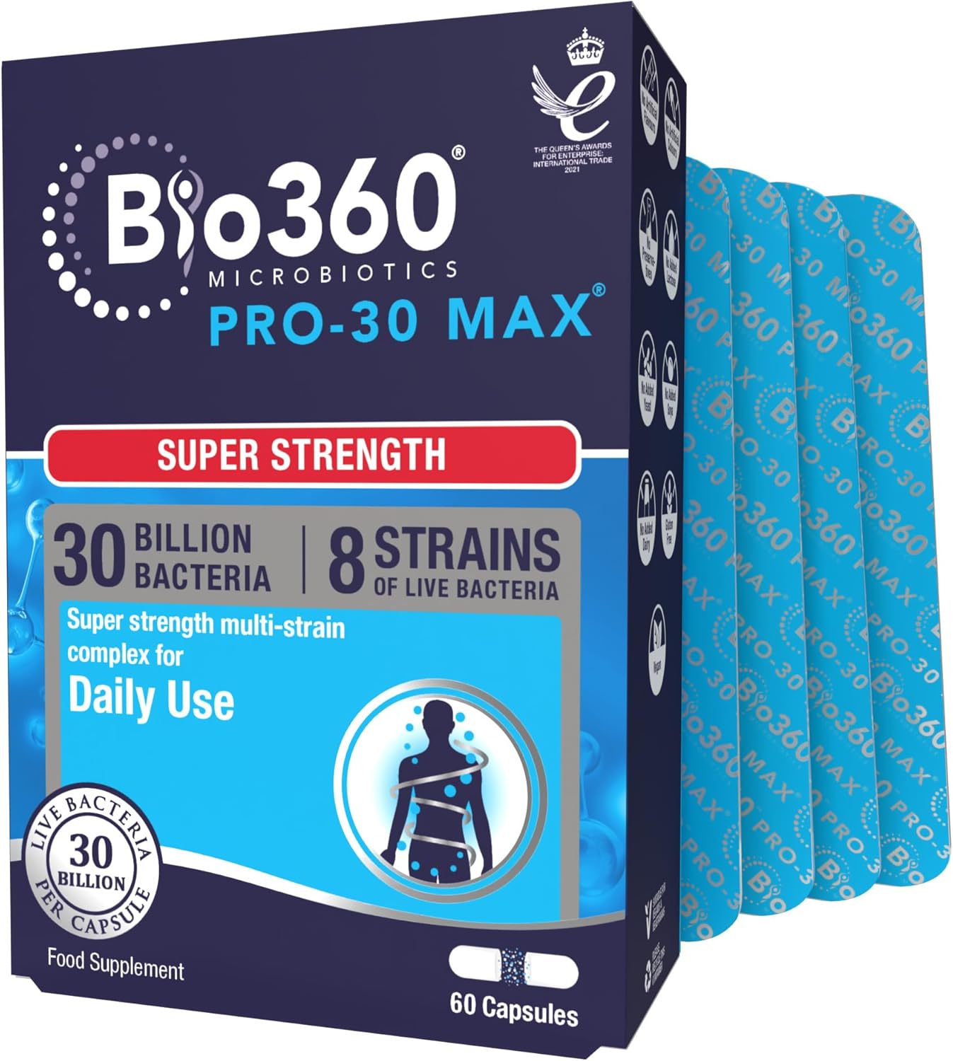 Natures Aid Bio360 Pro-30 Max – 30 Billion CFU Probiotic – Supports Gut Health, Immunity & Digestion – Vegan, Gluten-Free, Non-GMO, High Strength Live Cultures for Gut Digestion Health - 60 Capsules